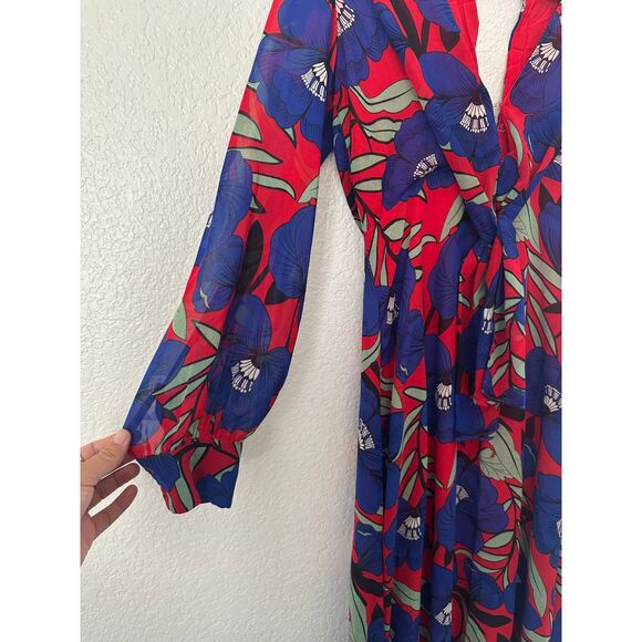 Aakaa Long Sleeve Red Blue Floral Bright Colorful Maxi Dress Size Medium - Picture 4 of 9